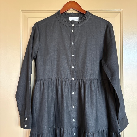 NWT Alice Walk Black 100% Linen Tiered Long Sleeve Midi Dress M - Picture 2 of 6